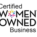 A black and white logo for certified women owned business.